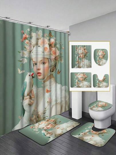 Floral & Bird Bathroom Curtain Set - Soft Color Tones With Butterfly & Bird Patterns, Includes Shower Curtain, Bath Mat, Toilet Lid Cover And Non-Slip Bathroom Mat, Adding Romantic And Natural Beauty To The Bathroom
