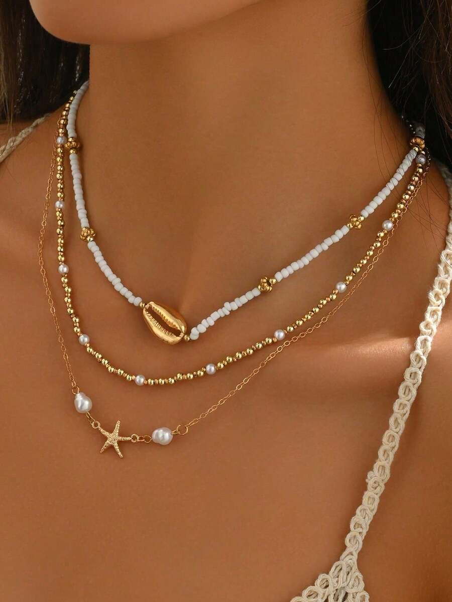 3件套夏季沙滩风锌合金贝壳海星串珠项链套装，适合女性日常休闲及海滩度假佩戴 - 金色 - 查看 1