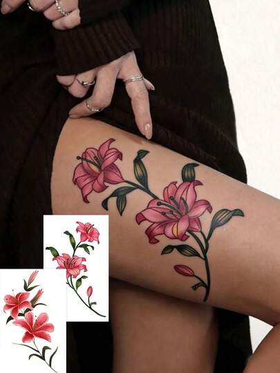 Tatuaggio temporaneo colorato a fiore di giglio, adesivo realistico impermeabile e resistente al sudore per coscia/braccio, decorazione floreale delicata