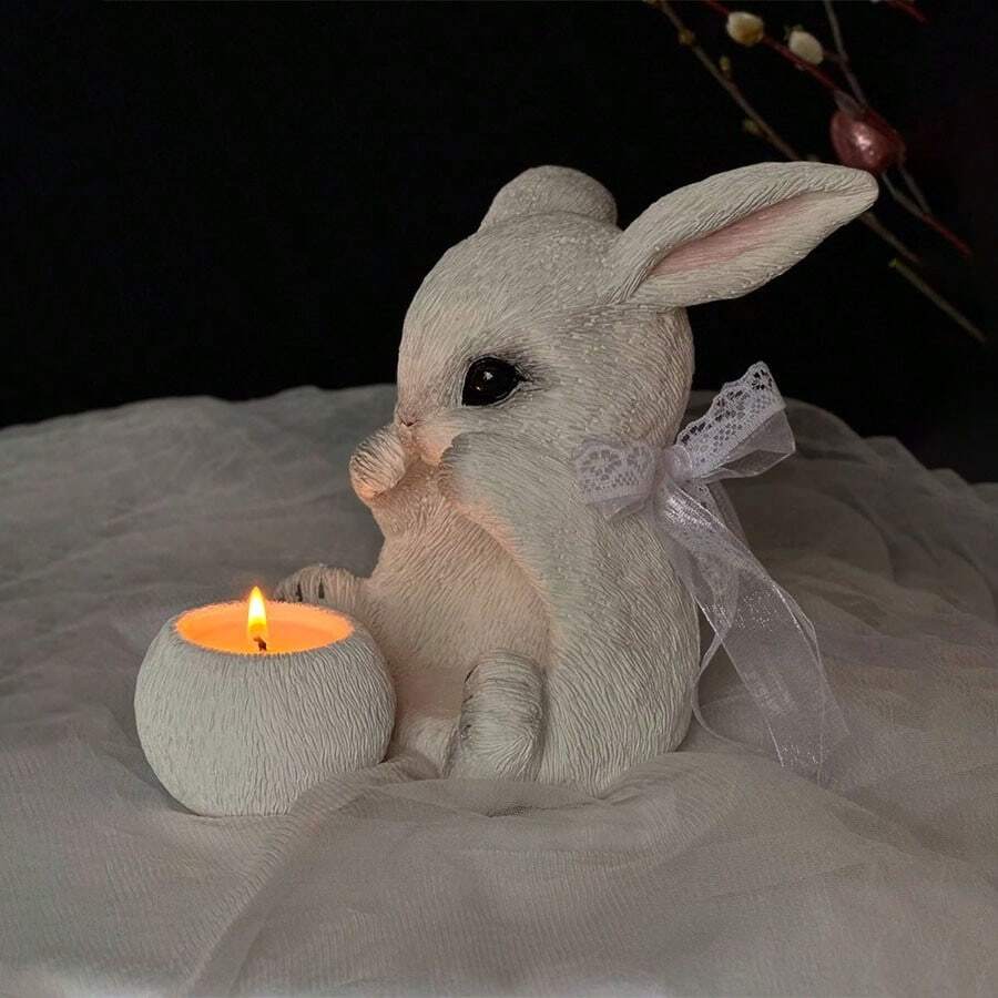 Set de 2 moldes de silicona de resina con textura de peluche en forma de conejo y soporte de vela redondo - Adecuado para hacer velas, yeso, arcilla, cemento y concreto. Diseño creativo de conejito de Pascua para manualidades, joyero, decoración del hogar con gestos de conejo de peluche - Juego de 2 figuras de conejo de peluche y molde para candelabro redondo. - Ver 1