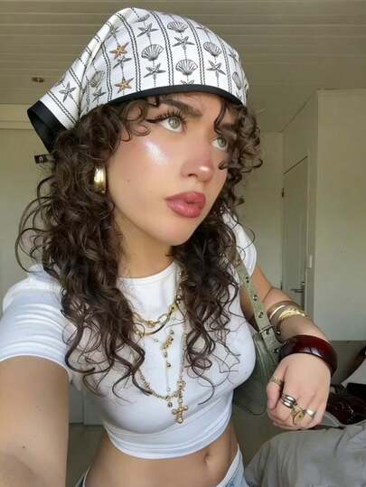 1 PC Women's Summer Casual Ocean-Style Shell And Sea Star Print Scarf/Bandana, Suitable For Beach, Street, Daily Use, Vacation, Business, Fashion Handbag Decoration Strap