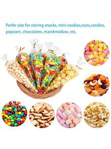 100/50/10入 透明錐形塑膠袋附金繩綁帶，適用於爆米花、糖果與食品、小禮物，可重複使用、耐用、易操作，適合小商家、烘焙店與派對用品，畢業季、母親節派對用品 (6英吋) - 無色 - 查看 4