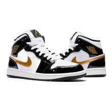 Nike Air Jordan 1 Mid Patent Black White Gold 852542-007 Men's Fashion Sneaker New - 黑與白 - 查看 4