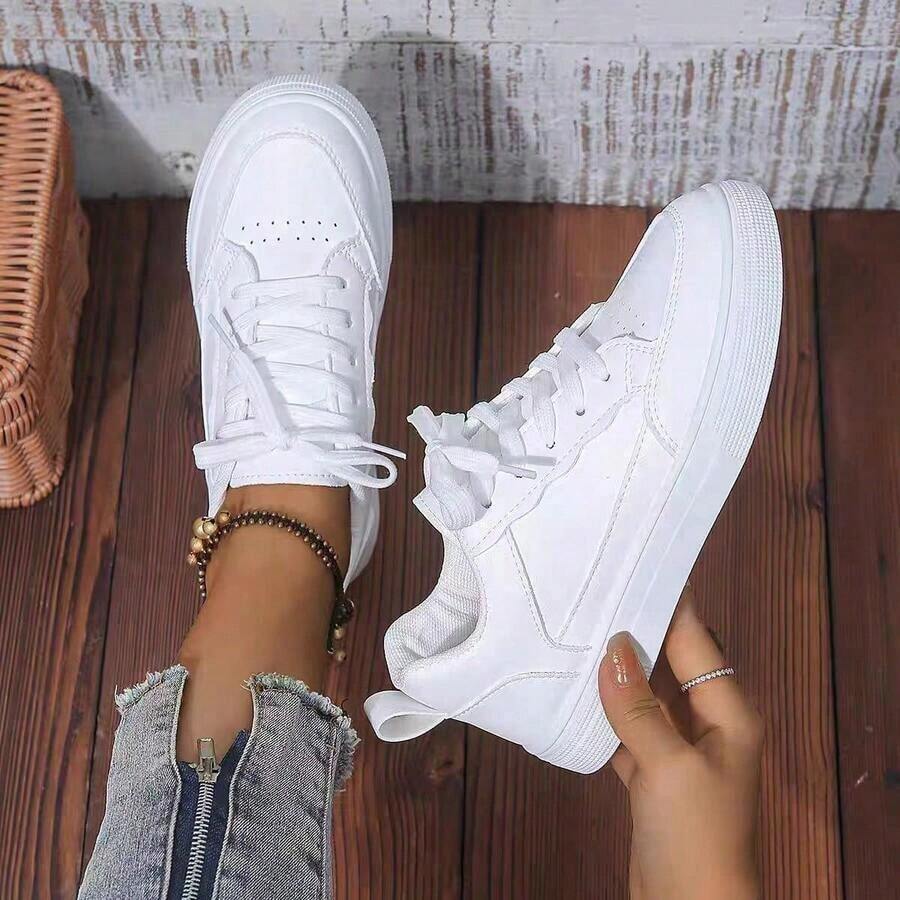 Women's Solid Color Casual Flat Shoes, Round Toe Lace-Up Breathable Non-Slip Shoes, Women's Classic Casual Sports Shoes, Solid Color Lace-Up Low-Top Casual Shoes, Women's Comfortable Shoes, Very Suitable Outdoor Activities, Walking And Daily Commuting - 白色 - 查看 1