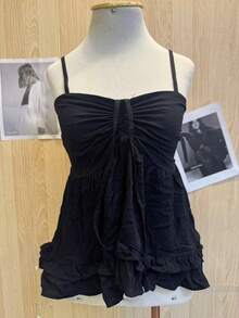 Women's Blouse With Charming Ruffle And Front Tie - Black - View 2