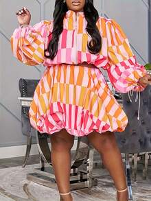 Color Block Striped Zipper V-Neck Lantern Sleeve Short Top And Bubble Skirt Two-Piece Set - Pink - View 3