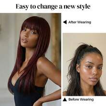 ROALYUV Wine Red Layered Long Straight Wig With Bangs, 24 Inch Natural Synthetic Hair Wig For Women, Heat Resistant Adjustable Cap, Easy To Style For Daily Wear Cosplay Party Dating - 酒紅色 - 查看 5