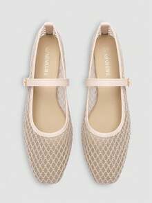 ADAMUMU Women's Black Mesh Breathable Fashion Ballet Mary Jane Flats, Minimalist Elegant Style, One-Strap Metal Buckle, Mesh Woven Breathable Texture, Comfortable Flat, Women's Casual Commute Minimalist Style Shoes - Apricot - View 1