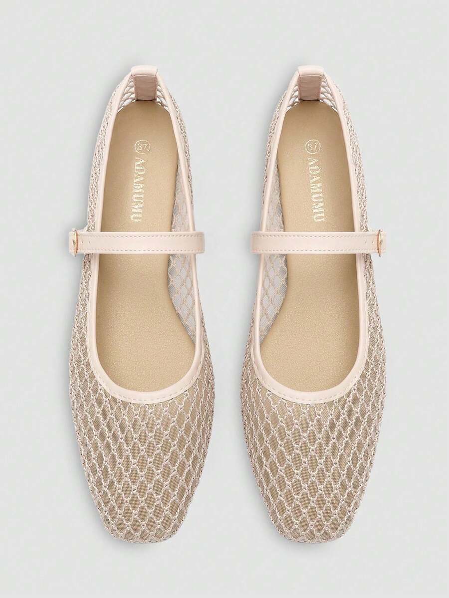 ADAMUMU Women's Black Mesh Breathable Fashion Ballet Mary Jane Flats, Minimalist Elegant Style, One-Strap Metal Buckle, Mesh Woven Breathable Texture, Comfortable Flat, Women's Casual Commute Minimalist Style Shoes - Apricot - View 1