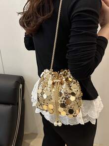 1个链条抽绳封口PVC亮片闪亮水桶包，金属珍珠装饰闪光彩色女士晚宴派对单肩斜挎口红包，时尚礼品袋，适合女士派对和正式场合穿着 - 金色 - 查看 2