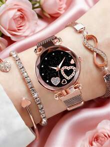4pcs/Set Elegant & Fashionable Women's Quartz Watch Set, Including Rose Gold Case Black Starry Dial Rhinestone Heart Quartz Watch, Rhinestone Bracelet, Rhinestone Open Bangle, And Rhinestone Infinity Symbol Bracelet, With Romantic Rose Gold Tone - Rose Gold - View 6