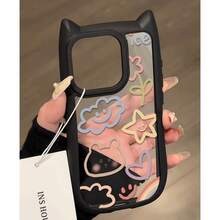 スマホケース：猫耳耐衝撃性スマホケース、ペイントされたスマホケース、を使うに適したスマホケース、 17 ProMax、16 Plus、15、14、13、12と互換性のあるスマホケース - ブラック - チェックする 10