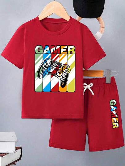 Tween Boys' Casual Daily Commute Gaming Controller Letter Print Short Sleeve T-Shirt And Shorts Set, Summer