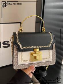 1pc Retro Color Block Patchwork Small Square Bag, Fashion Shoulder Bag With Chain Strap - Black - View 4