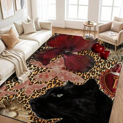 1pc Leopard Print Rug, Red Lips Rug, Pop Art Rug, Bold Statement Area Rug, Funky Living Room Decor, Animal Print Rug, Glamorous Home Rug, 84*60inch,Perfect Choice For Christmas ,Stylish And High-Quality Rugs, Perfect For Christmas Decorations And GiftsHome Decor, The Best Choice For Gothic-Style Birthday Gifts