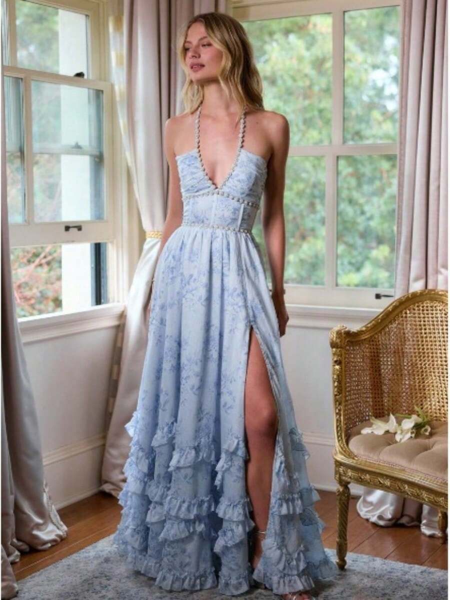 Women's Sexy V Neck Backless Cami Dress | Summer Floral Print Formal Evening Party Gown - Màu xanh lam - Xem 1
