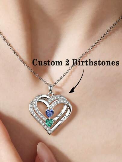 1pc Personalized Mini Heart-Shaped Birthstone Necklace, Simple Dual Birthstone Necklace, Customized Birthstone Jewelry, Couples Necklace, Gift For Mom, Jewelry Gift