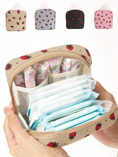 Multifunktionale Reise-Organizer-Tasche, Binden-Aufbewahrungstasche, Reise-Toilettenartikel-Kosmetiktasche, geeignet für Frauen, Mini-Make-up- & Pflegeset, mit Erdbeeren, Kirschen und Leoparden-Prints. Kann Lippenstifte, Make-up-Pinsel, Pflegeprodukte und andere Artikel aufbewahren.