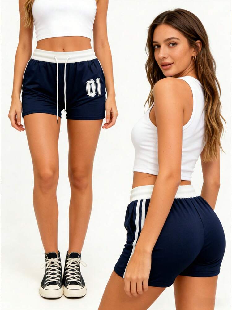 Navy Color Block Waistband Shorts, Soft Fabric, Loose Fit, Numeric Print & Striped Details For Casual American Vintage Style - Royal Blue - View 9