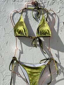 Bộ 2 bikini nữ Hàn Quốc màu trơn bằng nhung, kiểu dáng gợi cảm, hở lưng, buộc dây, thích hợp cho kỳ nghỉ hè, hẹn hò, đi biển. - màu xanh lá - Xem 8