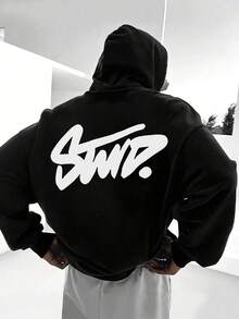 Men's Oversized Hoodie With Graffiti Print On The Back - White Streetwear Pullover, Loose Casual Hoodie With Pocket & Black Lettering, Machine Washable Winter Sweater For Urban Style (No Belt/Tie), Men's Hoodie, Men's Hoodie, Men's Sweaters, Midweight Hoodie, Men's Long Sleeve Shirt, Men's Hoodie, Men's Hoodie, Hoodie For Men, Men's Sweaters And Hoodies - 黑色 - 查看 2