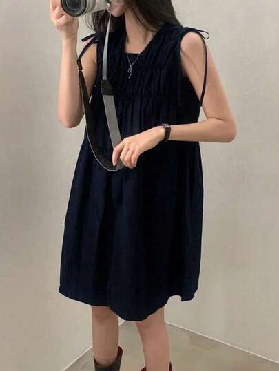 复古褶皱蝴蝶结无袖迷你连衣裙，适合娇小女性，夏季优雅款