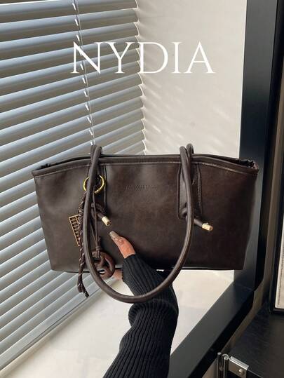 1PC Vintage Oil Wax Leather Tote Bag, Knot Handle Design, Convertible Shoulder & Underarm Bag, Preppy Style, Versatile Commute & School Purse For Women(Due To Lighting And Angle During Photography The Actual Product May Have Slight Color Differences Compared To The Images)