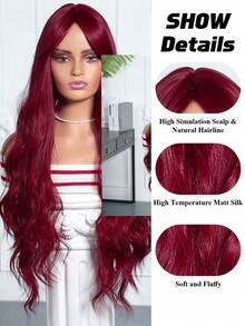 28英寸合成假发，酒红色长卷发带刘海，蓬松波浪全头假发，适合日常佩戴、派对和节日穿着。 - 酒紅色 - 查看 8