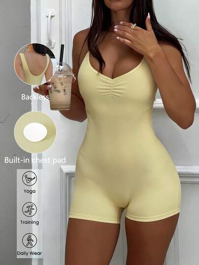 GAOVOT Women's Summer Jumpsuits Sexy V-Neck Chest Pad Tight Romper Shorts For Running Exercise Fitness Yoga Pilates Gym Clothes