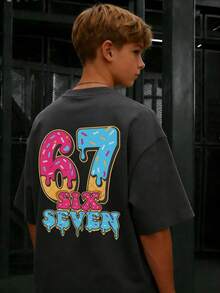 1 Stück "67 SECHS SIEBEN" Buchstaben- und Zahlen-Grafik Kurzarm T-Shirt, Sommer Top für Tween Jungen, Kleidung für junge Studenten - Dunkelgrau - Übersicht 1