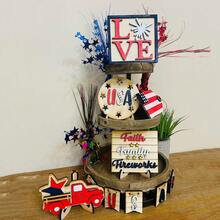 4th Of July Patriotic Wooden Tiered Tray Decor Set - Red White Blue Rustic Farmhouse Decor For Independence Day Memorial Day Home Table Porch Indoor Outdoor - B - 查看 1