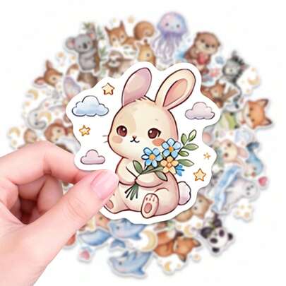 50pcs Cute Animal Adventure Stickers - Adorable Land And Sea Creatures Holding Heart Shapes, Waterproof Stickers Suitable For Diaries, Albums, And Phone Cases, Great Gift For Teens And Students