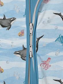 Baby Bamboo Fiber Zip-Up, Dolphin Octopus Underwater World Blue Print Short Sleeve Romper, Summer Knit Fabric Skinny Fit With Zipper Detail,  Baby Girl Clothes, Perfect For Outdoor - 淺藍色 - 查看 5