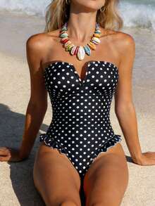 Women's Tummy Control One Piece Swimsuit Bandeau Strapless Bathing Suits - Black - View 2
