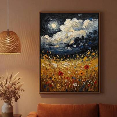 1pc Unframed, Wildflowers Field Framed Wall Art, Abstract Night Sky & Moon Decor, Vintage Floral Canvas Art, Rustic Farmhouse Living Room Canvas Print