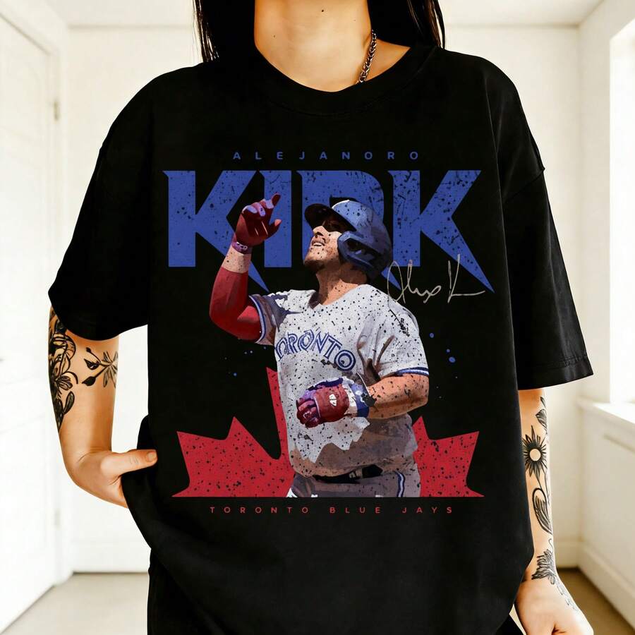 Alejandro Kirk BJays Toronto 30 Baseball Catcher Graphic T-Shirt Oversized Unisex Fit Crew Neck Slight Stretch Fabric Suitable For Sports Fans & Casual Wear Year-Round With Kirk Name & Number Print 100% Cotton 1PC 180g - Black - View 1