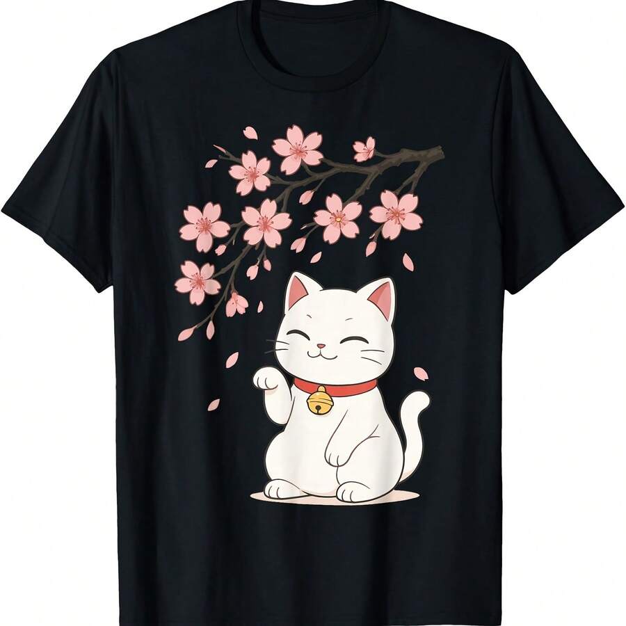Camiseta de anime japonés con gato en flor de cerezo - Negro 8 - Ver 1