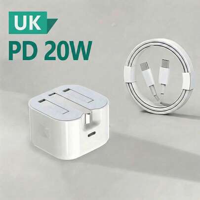 20W USB-C Fast Charger Set, Wall Charger, UK Plug + 3.3ft/6.6ft Type-C To Type-C Fast Charging Cable, High-Speed Data Transfer, Compatible With IPhone 17/16/15 Pro Max Plus, Series