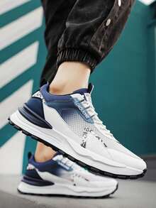 Zapatillas deportivas casuales para hombre con parte superior de malla transpirable en blanco y negro con bloques de color, suela gruesa, antideslizantes y duraderas, cómodas zapatillas con cordones, adecuadas para viajar, uso diario, actividades al aire  ocio cotidiano. - azul real - Ver 5