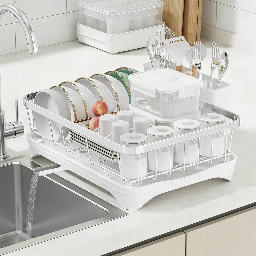 Dish Drying Rack With Drainage Tray, Stainless Steel Kitchen Organizer For Efficient Storage Of Plates, Bowls, Glasses And Utensils Sturdy Dish Racks For Kitchen Counter With Drain Board And Utensil Holders - 白色 - 查看 1