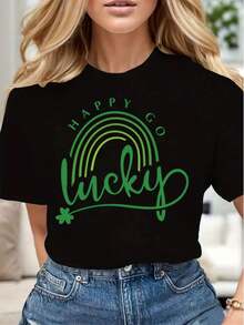Happy Go Lucky Rainbow Clover Print Women Casual T-Shirt Soft Comfortable Gift For St Patricks Day - 黑色 - 查看 1