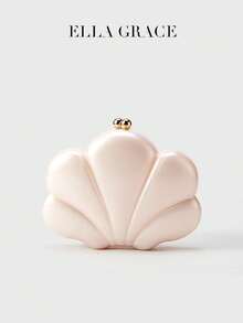 ELLA GRACE- Pearl Shell Shaped Clutch Bag Ivory Pink Scallop Evening Mini Purse Gold Chain Double Ball Clasp Elegant Wedding Party Novelty Shoulder Handbag - White - View 9