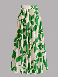 EARO Falda de línea A de cintura alta con estampado floral para mujer, falda de vacaciones de verano primaveral - Verde hierba - Ver 2