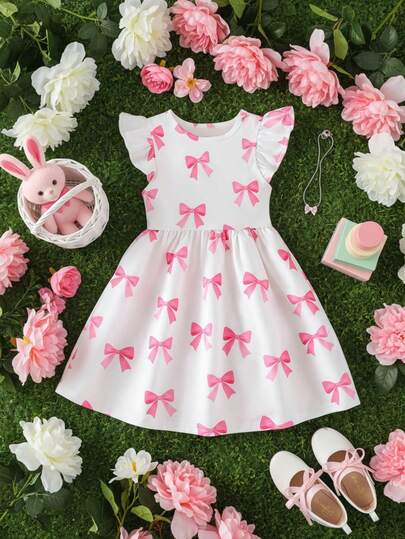 Girls Casual Outdoor Fashionable Cute Versatile Bow Allover Print Round Neck Cap Sleeve Fitted Dress, Spring/Summer