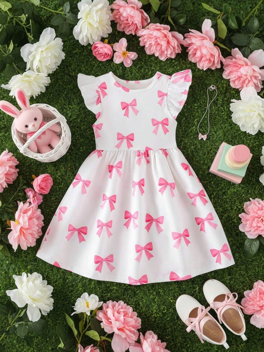 Girls Casual Outdoor Fashionable Cute Versatile Bow Allover Print Round Neck Cap Sleeve Fitted Dress, Spring/Summer - White - View 1