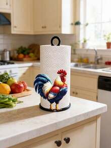 Portarrollos de papel de gallo colorido de 26 cm, decoración de mesa de arte de hierro, decoración de gallo vertical, base antideslizante y resistente, fácil instalación, adecuado para cocina, mesa de comedor, fiesta, alféizar, baño, estilo rústico y decoración festiva, regalo romántico del Día de la Madre para mamá - Multicolor - Ver 1