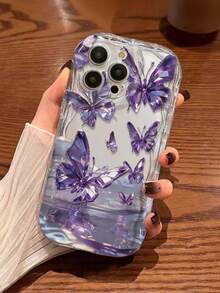 蝴蝶奶油漩涡纹透明极简防摔加厚手机保护壳，印花款，兼容 17/17 Pro/17 Pro Max、16 XR/7/8、15 Pro Max、12 Pro Max、13 Pro Max、14 Pro Max、13、14、11、12P、14、P11 软壳、P12 防摔、XS、XR、7/8P、7/8GES2 - 彩色 - 查看 1