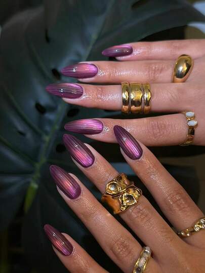 24pcs Medium-Long Almond-Shaped 3D Purple Galaxy Cat Eye Nail Tips, Removable Wear, Suitable For Women's Daily, Work, Dates, Includes 1pc Jelly Gel + 1pc Nail File Nail Supplies