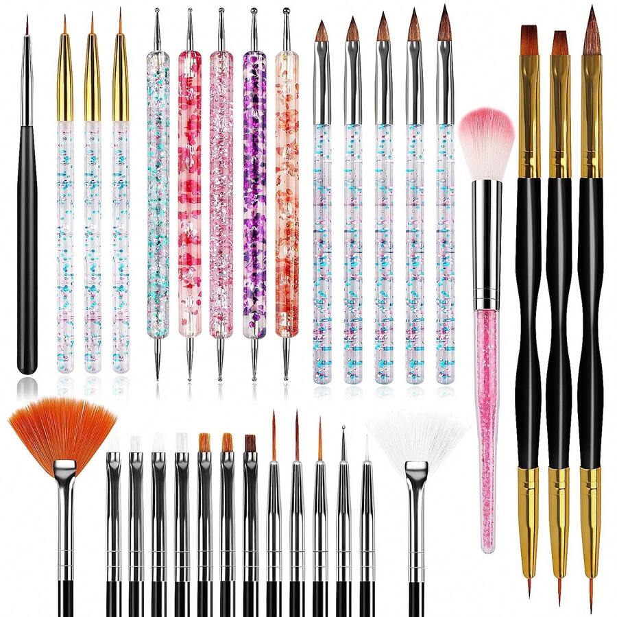33pcs Nail Art Brushes,Double-Ended Dotting Tools,Nail Art Tool Set,Striping Brushes For Long Lines,Fingernail Drawing Pens With Palette Holder All In One For Beginners And Salon Home Use - 33PCS - View 1