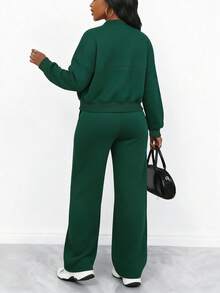 Women's Solid Color Zip-Up Cardigan Long Sleeve And Drawstring Straight Pants Casual Suit, Elegant And Fashionable, Versatile For Daily Wear, Autumn/Winter Spring - Green - View 4